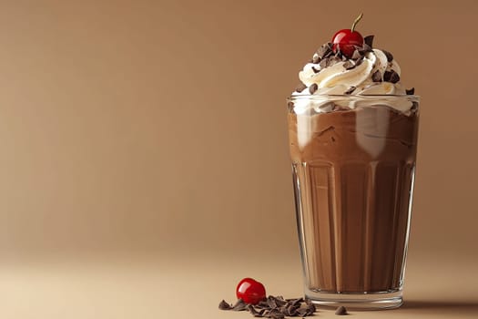 Sweet, rich chocolate mousse dessert with whipped cream and cherry on top in a glass. Chocolate dessert on a brown background.
