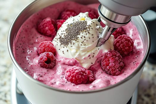 Heavy cream or yogurt with berries and chia seeds are whipped together in a stand mixer. Homemade dessert.