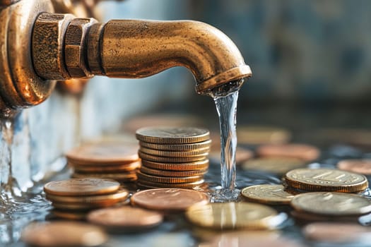 Money down the drain concept, illustrating rising water bills. A leaky faucet spilling water onto gold coins. resource saving concept