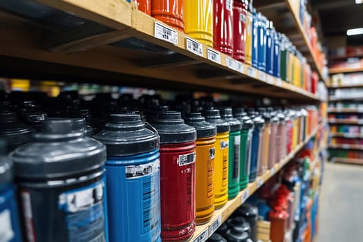 Paint on the shelves of a hardware store, paint department. Generated by artificial intelligence