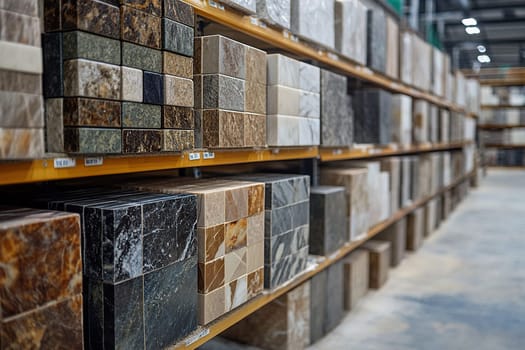 Construction store. Shelves with samples of decorative stone and marble used as finishing material