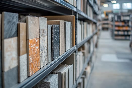 Samples of marble and porcelain tiles in a construction store. Concept of renovation and interior selection