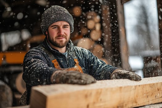A worker is sawing boards at a sawmill. Timber and business concept.