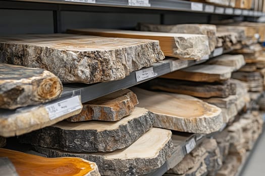 Round wooden trays and stands on the shelves of the store. Products made of natural wood.