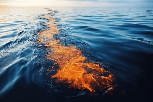 Trace of burning oil on the sea surface. Environmental pollution. Fuel and oil fire on water.