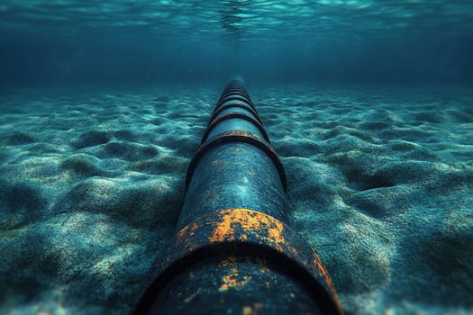 View from under the water of a pipe running along the bottom of a reservoir. Oil and gas pipeline underwater.