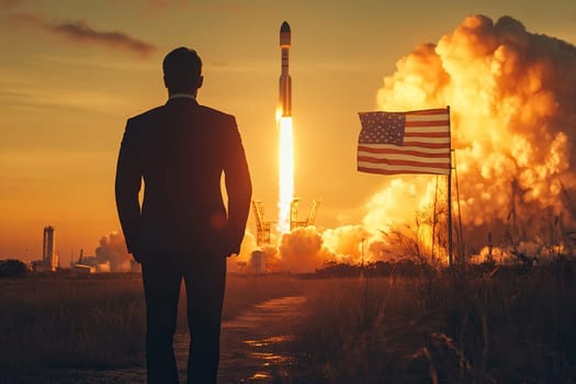 Rear view of a man in a business suit watching the launch of an American space shuttle.