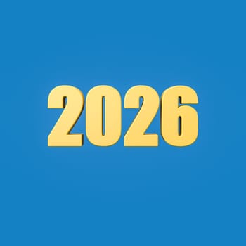 Yellow 2026 Year Number Text Isolated on Flat Blue Background 3D Illustration