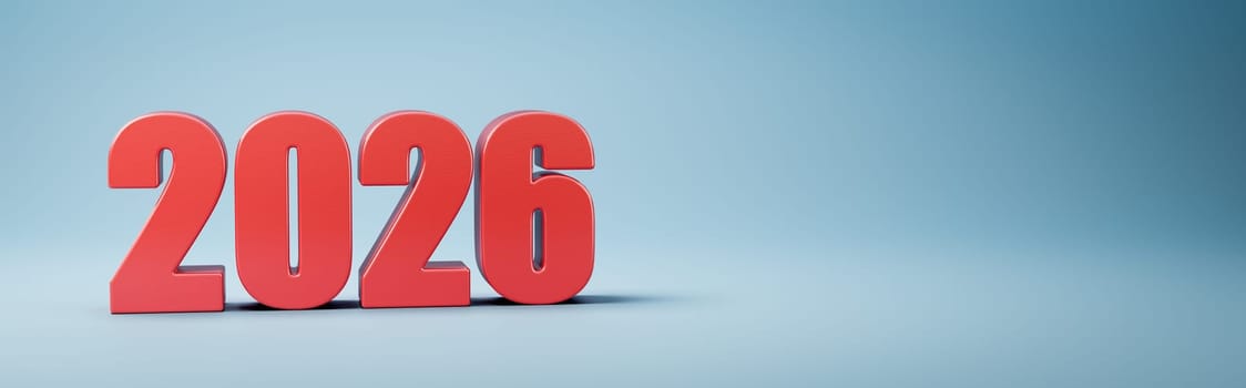 Red 2026 Year Number 3D Text on Blue Background with Copy Space 3D Illustration