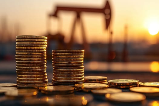 Stacks of gold coins against the background of an oil pump. Concept of oil market fluctuations.