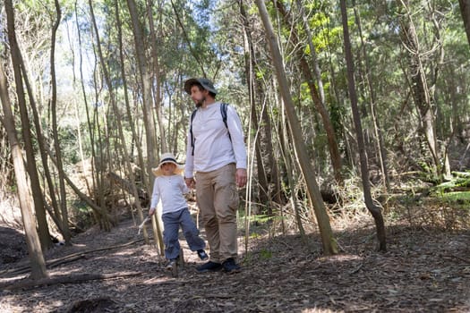 Father and son enjoying hiking in the woods on a beautiful sunny day