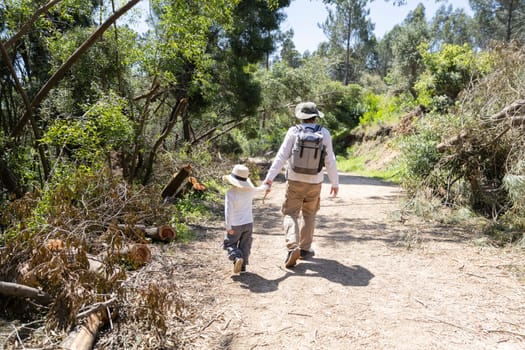 Father and son enjoying a leisurely hike on a beautiful summer day, creating lasting memories amidst nature
