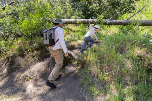 Father and son wearing hats are hiking on a trail in a nature preserve, enjoying outdoor activities