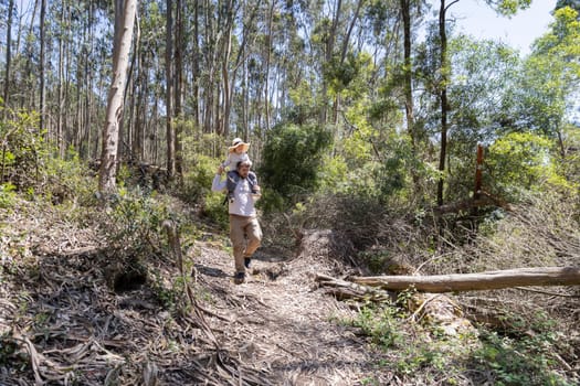 Father and child enjoying a leisurely hike through a sunny forest trail