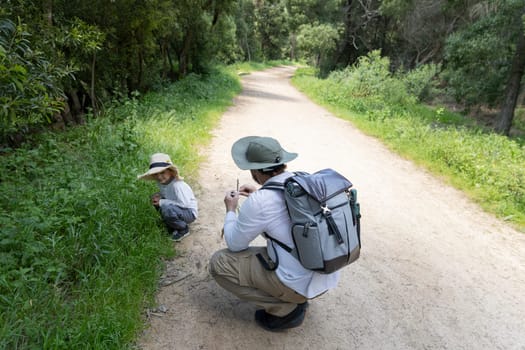 Biologist and his son are squatting and exploring plants in a forest path