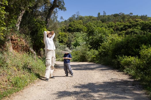 Tourists relaxing on sunny trail admiring landscape during hiking trip in nature
