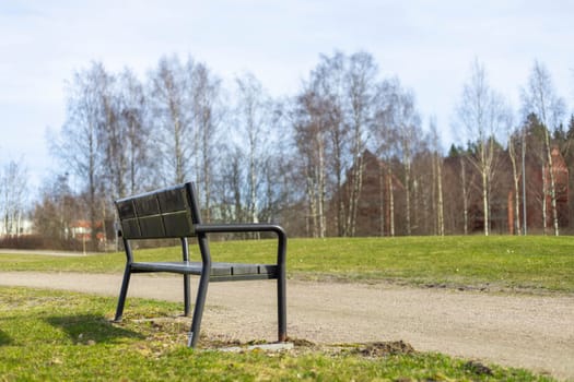 Public park in spring, green alley, footpath and old-fashioned wooden bench on the sun.