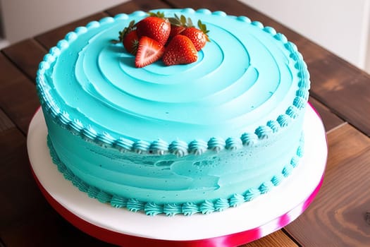 Birthday cake with blue cream and strawberries on top. Shallow dof. generative ai