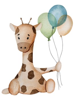 Watercolor Paintings Of Toy Giraffes With Air Balloons Designed For Small Kids