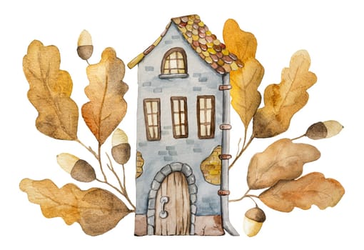 Watercolor Paintings Of An Old House Surrounded By Oak Leaves, Autumn Illustration