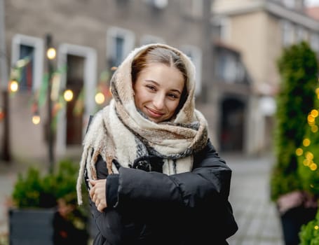 Sweet Girl And New Year Lights In Christmas Town
