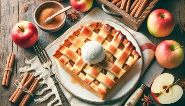 The images showcase a delectable slice of apple pie topped with a smooth scoop of vanilla ice cream. The pie’s golden lattice crust and tender apple filling are complemented by a rustic setting, featuring cinnamon sticks, fresh apples, and delicate white flowers, creating a cozy, inviting atmosphere.
