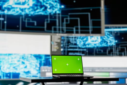 PC showcasing chroma key display next to AI neural networks system, machine learning used for practicing predictive analytics and cloud computing. Implementing artificial intelligence brain.