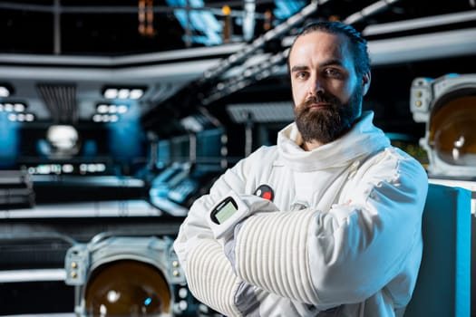 Portrait of cosmonaut flying in futuristic starship during cosmic journey, seeking extraterrestrial life. Astronaut in spacecraft testing other planets habitats during long distance space travel