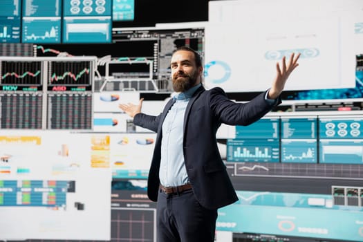 Confident powerful administrator feeling proud of his career success for a high end life and legacy, ensuring good performance metrics for growth. Achieving greatness with self belief.