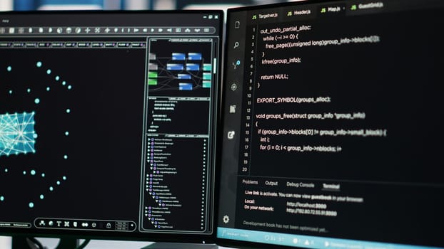 Data center computer systems controlling network resources through AI visualization dashboards and node tree programming software that maps infrastructure connections, close up shot