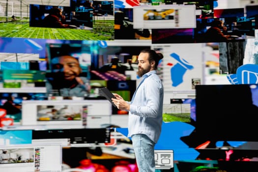 Content creator connecting with a global social media audience through mobile technology, using digital tools for storytelling and branding to build influence, engagement and online presence.