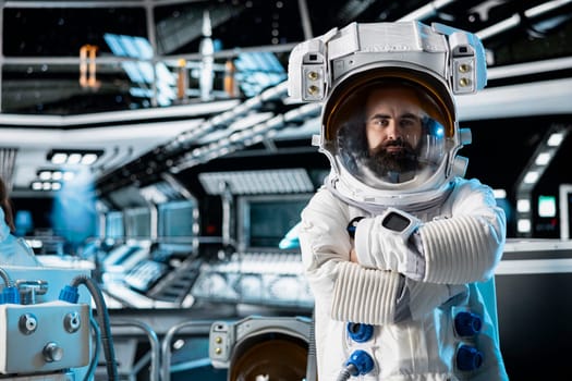 Portrait of astronaut wearing equipment helmet inside space station preparing for planetary mission outside. Man in spaceship beginning landing procedures on solar system planet