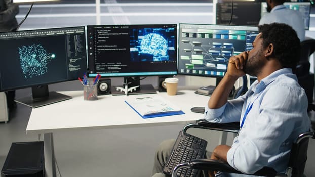 Impatient engineer with paraplegia in data center annoyed by slow AI node tree software. Upset server hub worker with disability frustrated by buggy visual programming tool, camera A