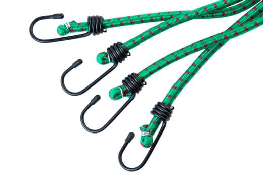 Detailed view of four black metal hooks attached to green elastic bungee cords. Heavy-duty fastening solution on white background for various uses.