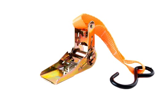 Heavy-duty ratchet with orange strap and metal hook, isolated on white. Used for tightening and securing cargo in transport or storage.