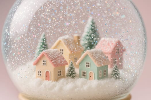 Pastel High-Key Macro of Glitter Snow Globe Miniature Village