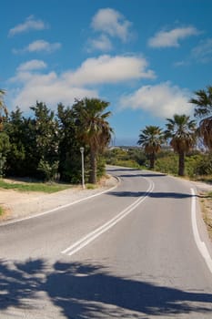 A winding road in Rhodes, Greece, flanked by palm trees and greenery, with a blue sky and clouds, capturing natural and coastal beauty.