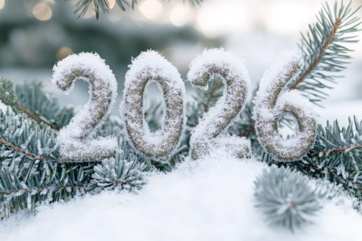 The letters 2026 formed by christmas trees spruce fluffy branches.