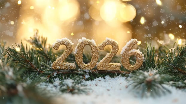 The golden letters 2026 formed by christmas trees spruce fluffy branches.