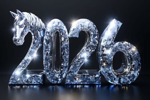 Banner with shiny diamond crystals silver numbers 2026 with glass red horse head. Symbol of 2026