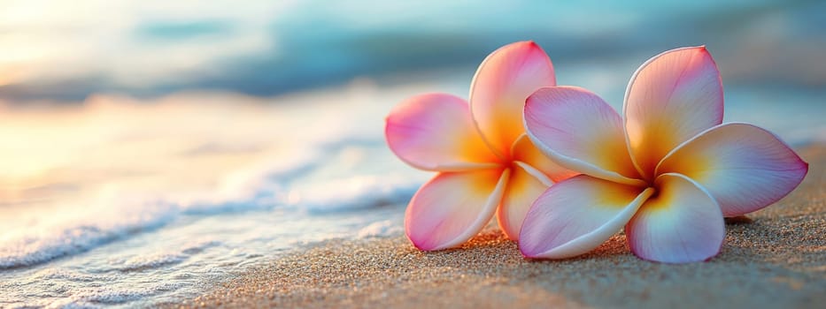 Plumeria flowers on the beach on the sand. selective focus. Generative AI, nature