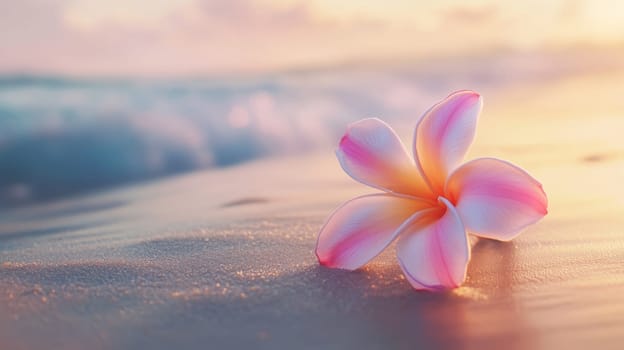 Plumeria flowers on the beach on the sand. selective focus. Generative AI, nature