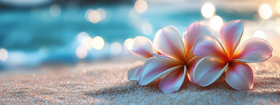 Plumeria flowers on the beach on the sand. selective focus. Generative AI, nature