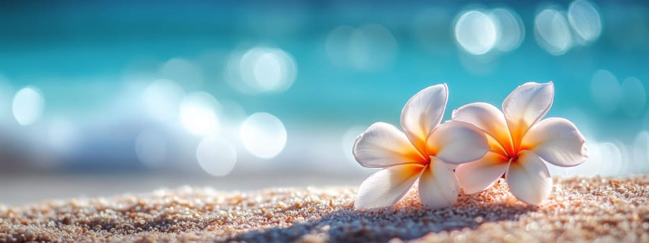Plumeria flowers on the beach on the sand. selective focus. Generative AI, nature