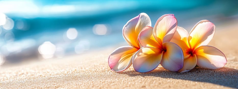 Plumeria flowers on the beach on the sand. selective focus. Generative AI, nature