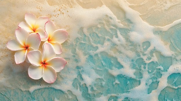 Plumeria flowers on the beach on the sand. selective focus. Generative AI, nature