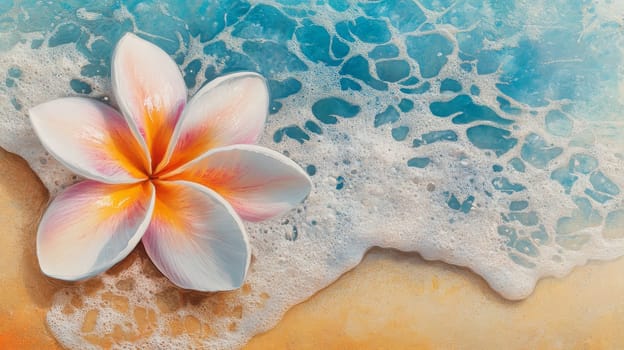 Plumeria flowers on the beach on the sand. selective focus. Generative AI, nature