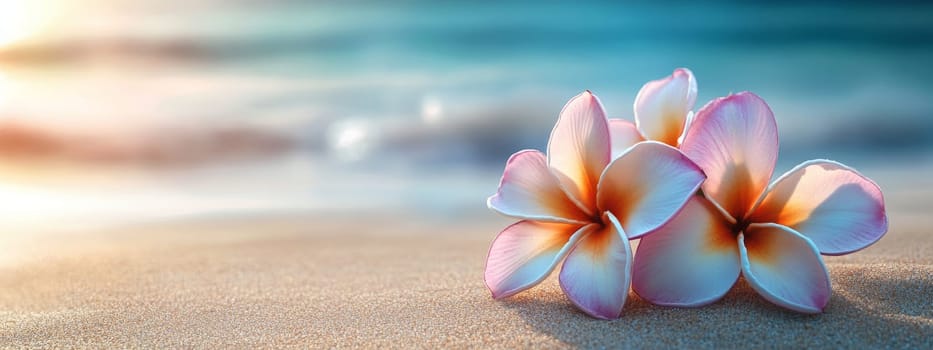 Plumeria flowers on the beach on the sand. selective focus. Generative AI, nature