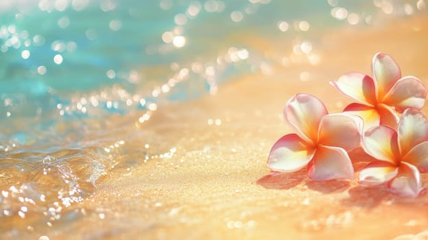 Plumeria flowers on the beach on the sand. selective focus. Generative AI, nature
