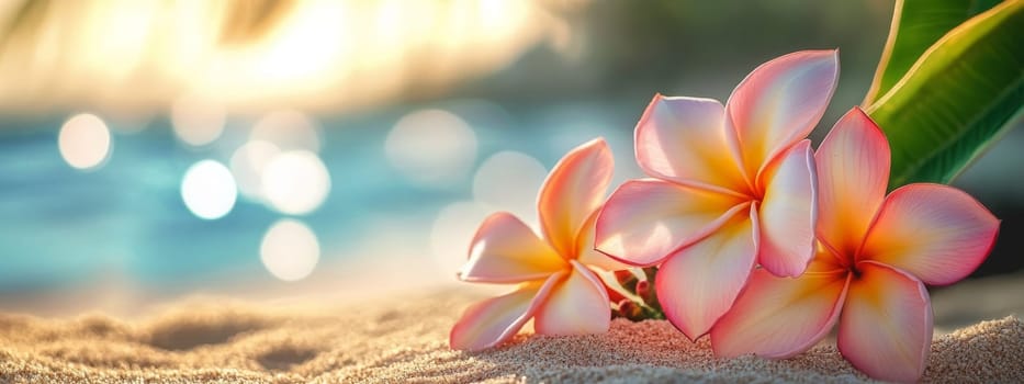 Plumeria flowers on the beach on the sand. selective focus. Generative AI, nature